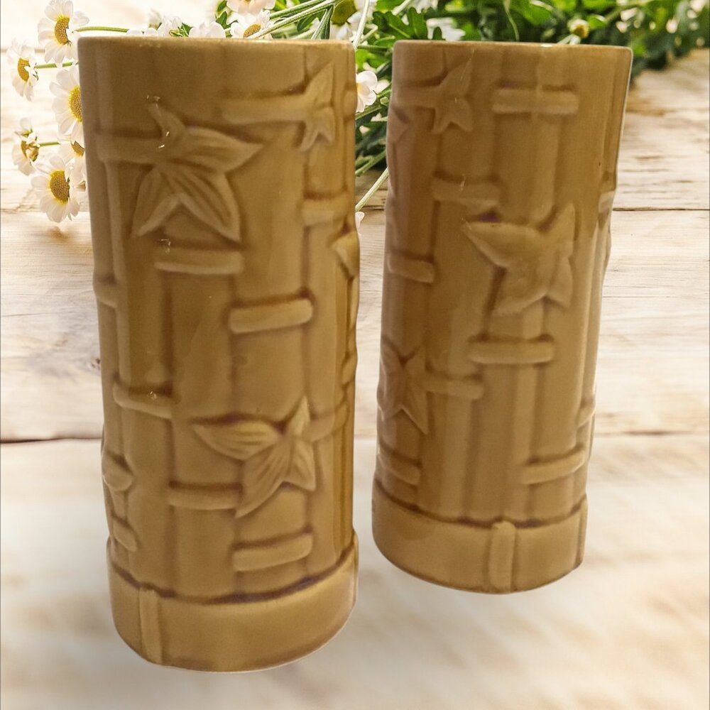Chiki Tiki  Bamboo Pattern Set of 2 Tumblers Mugs Hawaiian Unique Barware 6.25in